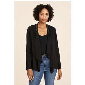 Eileen Fisher Womens Small Silk w/Leather Open Front Cardigan BLK Draped Jacket